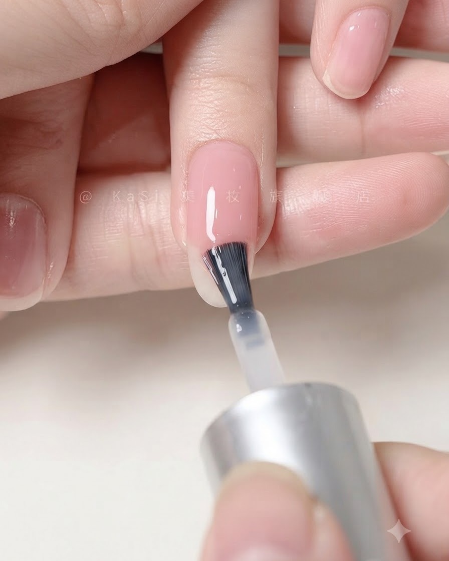 Eine Hand positioniert unter einer Nagellampe beim Aushärten der aufgetragenen matten Überzugsschicht.