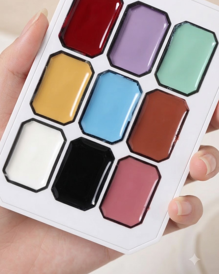 Nahaufnahme einer mehrfarbigen Pigmentpalette mit einem feinen Pinsel, der in die Farbblöcke eintaucht.