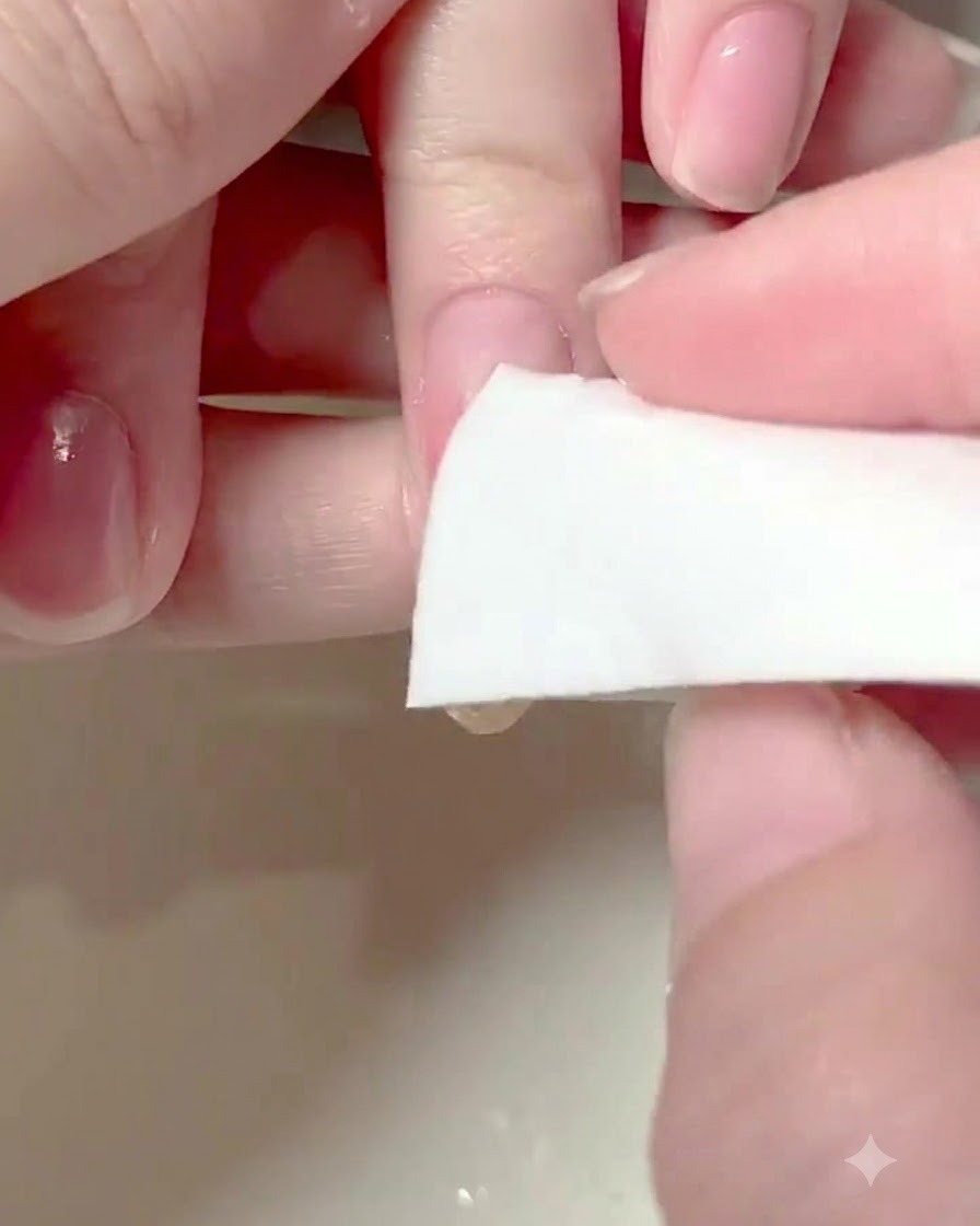 Ein sauberer Schwamm tupft über die gelb gemalten Linien an der Nagelspitze, um einen Ombre-Effekt zu erzeugen.