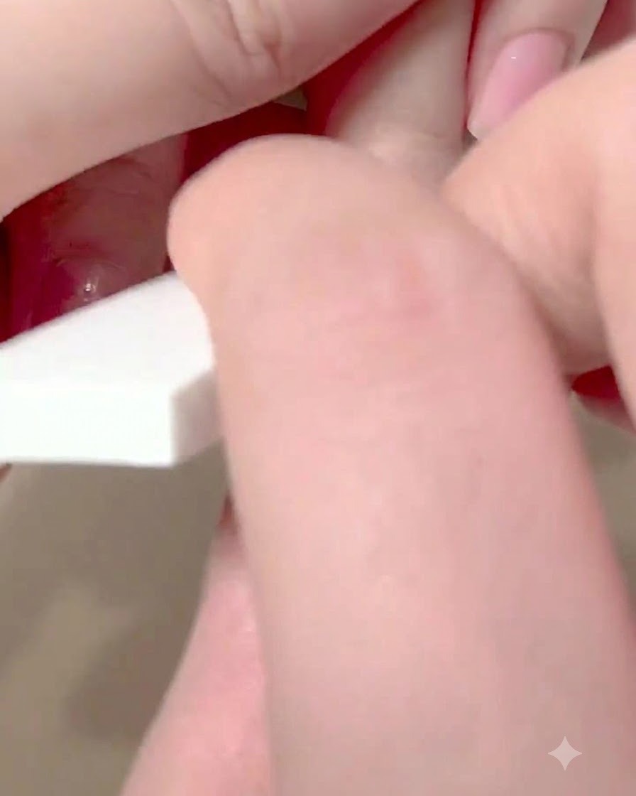 Ein Schwamm-Werkzeug führt eine zweite Tupfrunde an der Nagelspitze durch, um den Farbübergang zu perfektionieren.