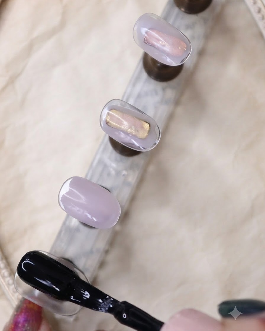Ein Pinsel mit schwarzem Gel-Nagellack trägt eine glatte Schicht auf einen schwarzen Nagel auf einem Präsentationsständer auf.