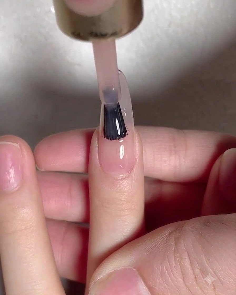 Ein Fingernagel wird unter einer UV-Lampe positioniert, um die aufgetragene Basecoat-Schicht auszuhärten.
