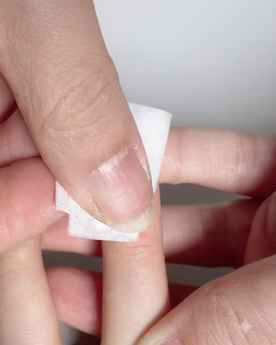 Ein fusselfreier Pad reinigt die Oberfläche eines ausgehärteten Fingernagels.
