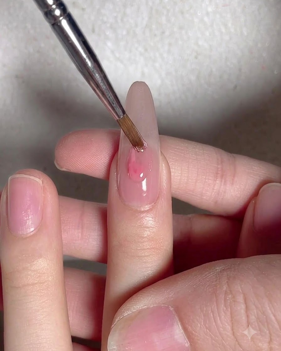 Ein feiner Pinsel setzt einen Tropfen rosa Gel-Polish auf die Nagelmitte.