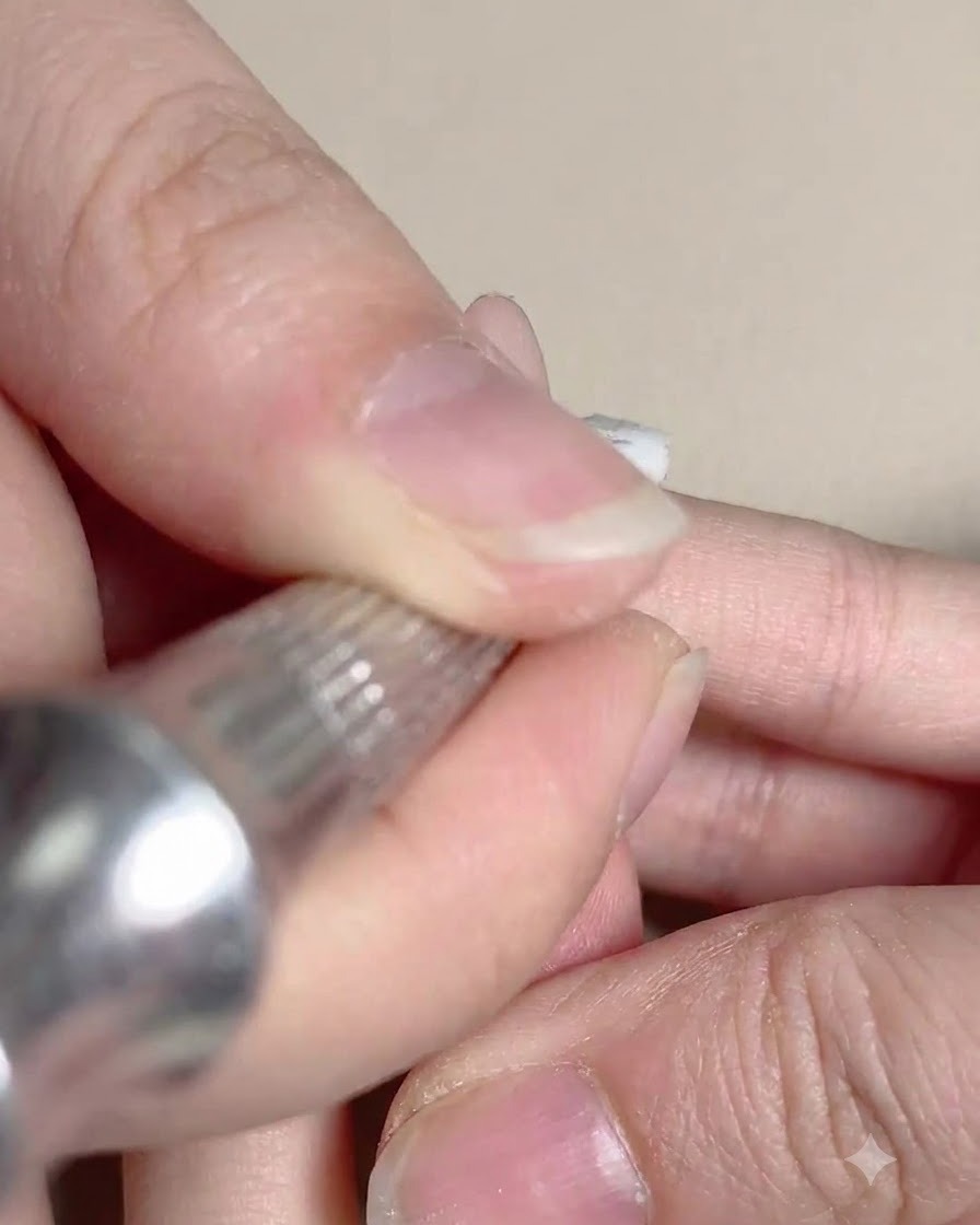 Ein kleiner Make-up-Schwamm tupft rosa Gel-Polish auf einen Nagel, um einen Gradienten-Effekt zu erzeugen.