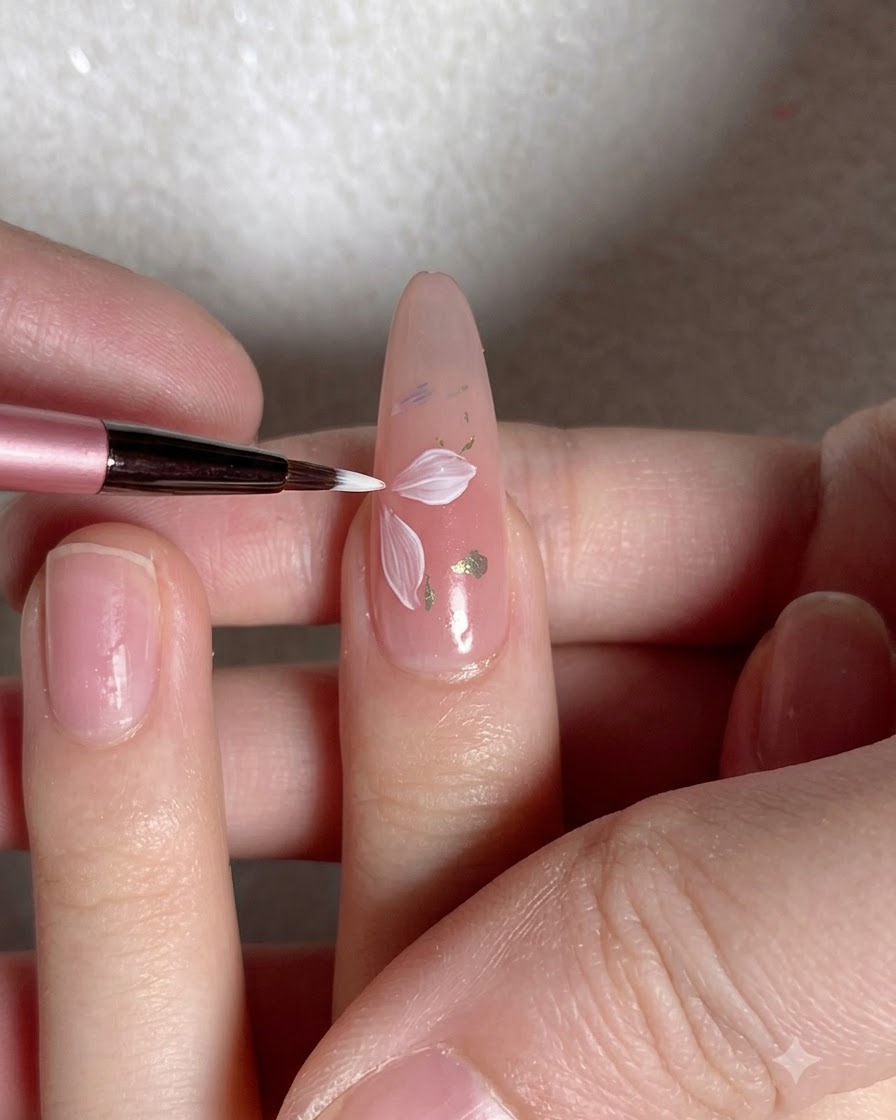 Eine Hand mit gemalten weißen Blütenblättern auf dem Nagel positioniert zum Aushärten unter einer UV-Lampe.