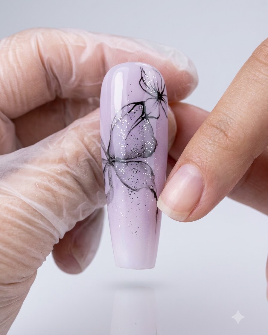 Eine behandschuhte Hand hält eine lila Ombré-Nagelspitze, verziert mit feinen schwarzen Schmetterlingsflügellinien und Glitzer.
