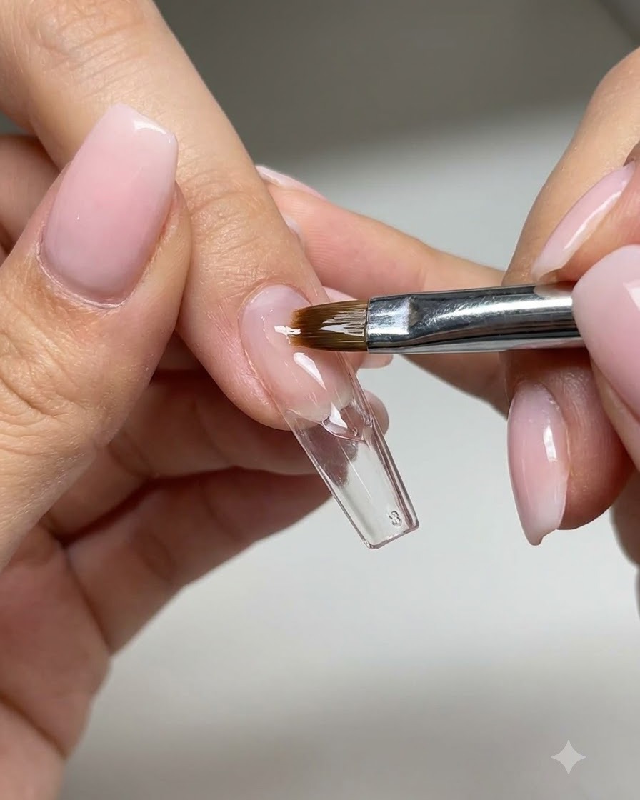 Ein Nagelpinsel trägt weißes Gel auf, um fließende Wellenlinien auf einem klaren Übungsnagel zu malen.