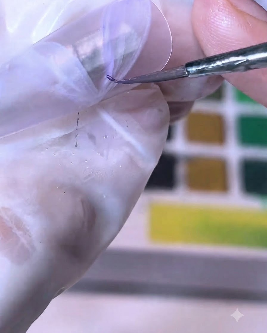 Ein feiner Pinsel trägt lila Aquarellfarbe auf ein weißes Banddesign auf einer Nagelspitze auf.