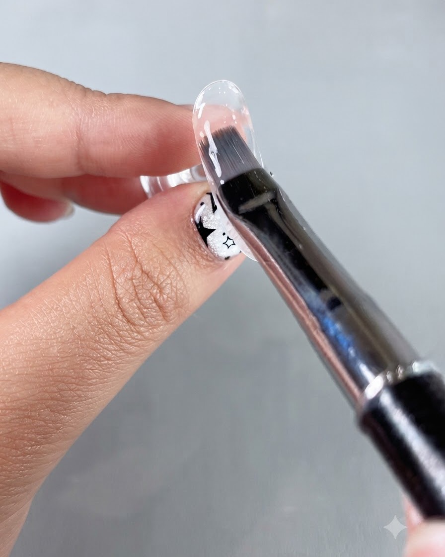 Ein Gelpinsel trägt gleichmäßig eine Schicht klaren Resin-Base-Gels auf die Oberfläche eines Übungsnagels auf.