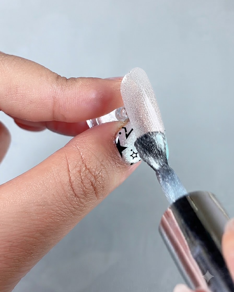 Ein Pinsel trägt Sparkling Water Cat Eye Gel gleichmäßig über die vorbereitete Nageloberfläche auf.