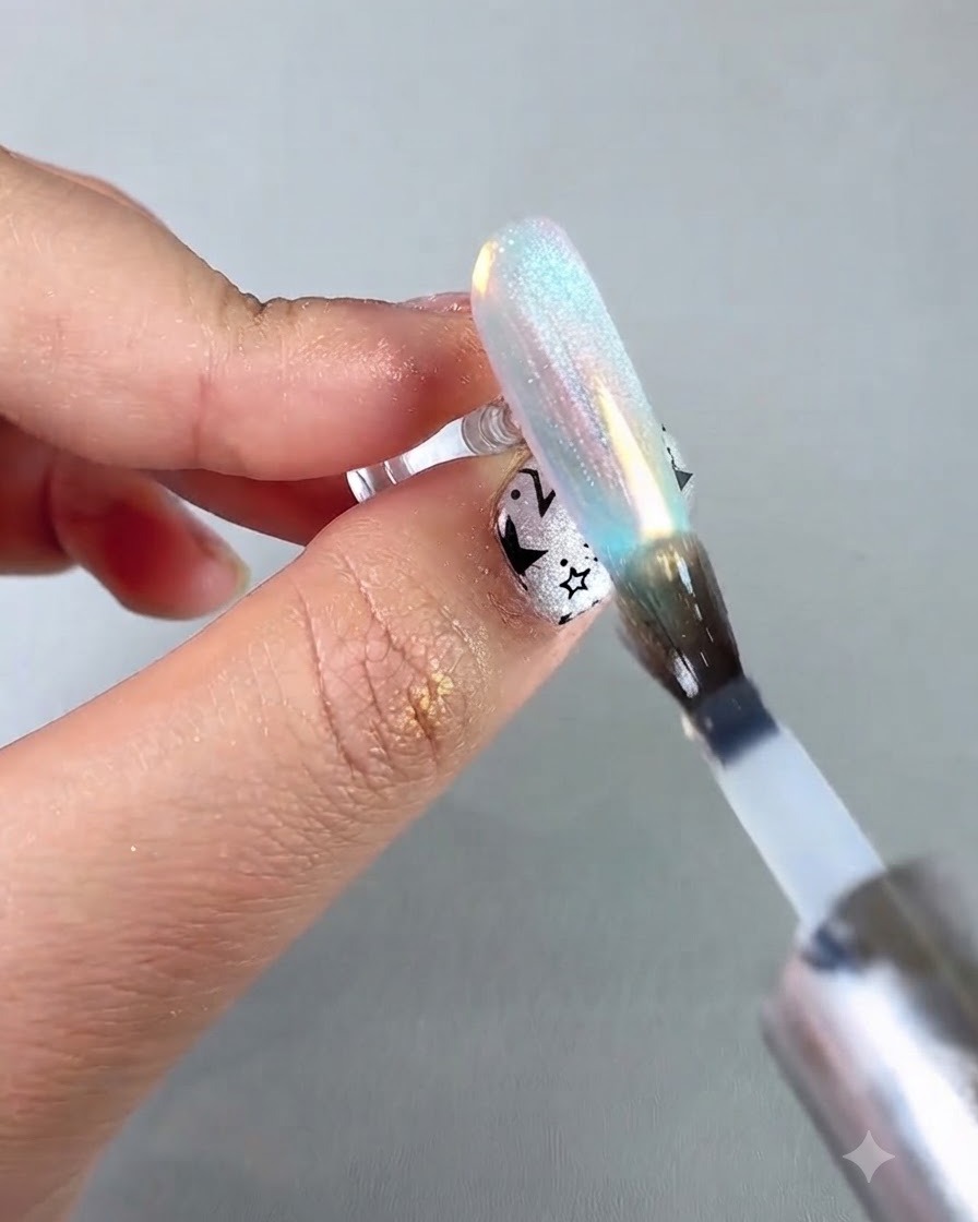 Ein Nagelpinsel trägt einen schützenden Versiegelungstopcoat über einem irisierenden Aurora-Chrom-Nagel auf.