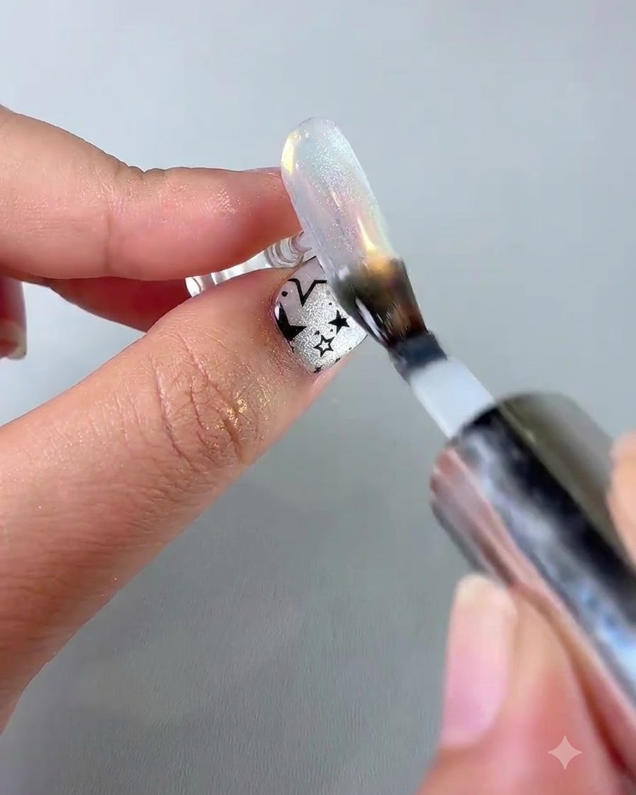 Ein Nagelpinsel trägt eine finale glänzende Topcoat-Schicht über einem fertigen Aurora-Bubble-Cat-Eye-Nagel auf.