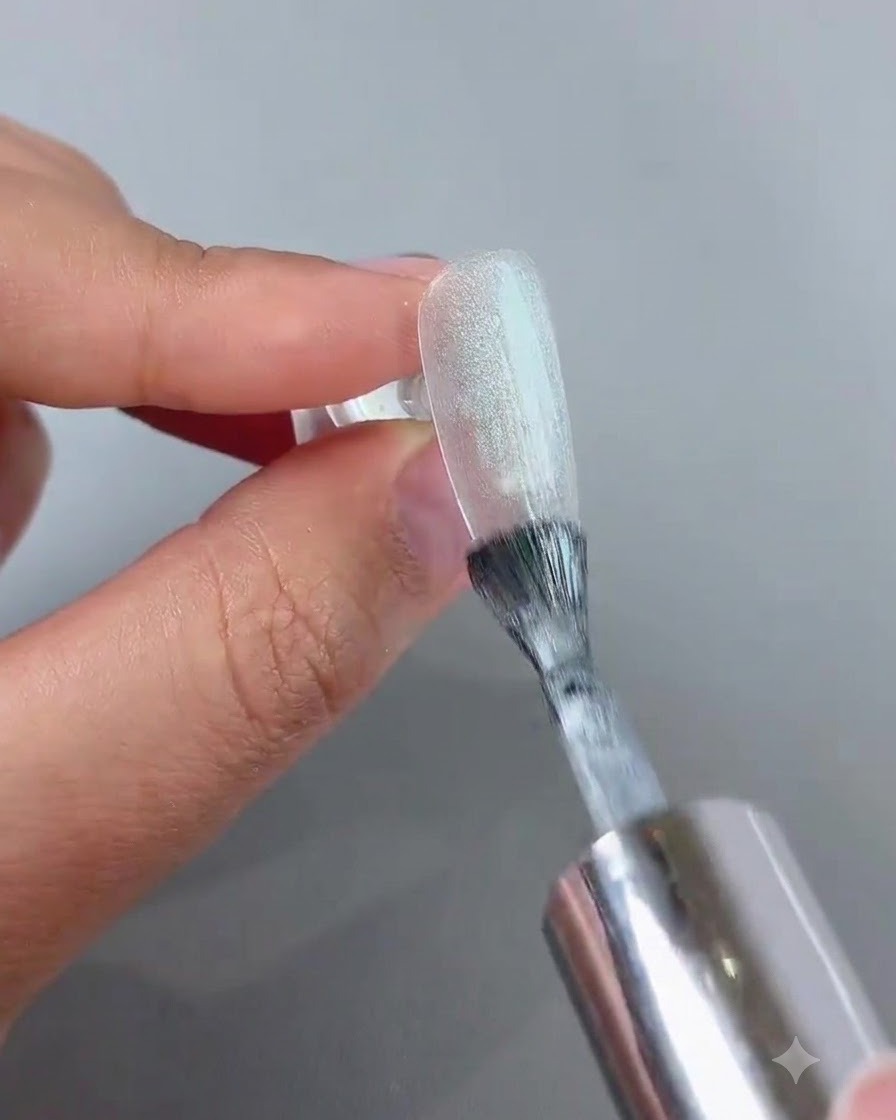 Ein Magnetstab wird in die Nähe eines glänzenden Cat-Eye-Gel-Nagels gehalten, um einen leuchtenden, sphärischen Lichteffekt zu erzeugen.