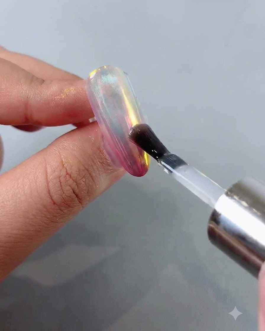 Ein Pinsel trägt eine glänzende Topcoat-Schicht über eine Aurora-Chrom-Nageloberfläche auf.