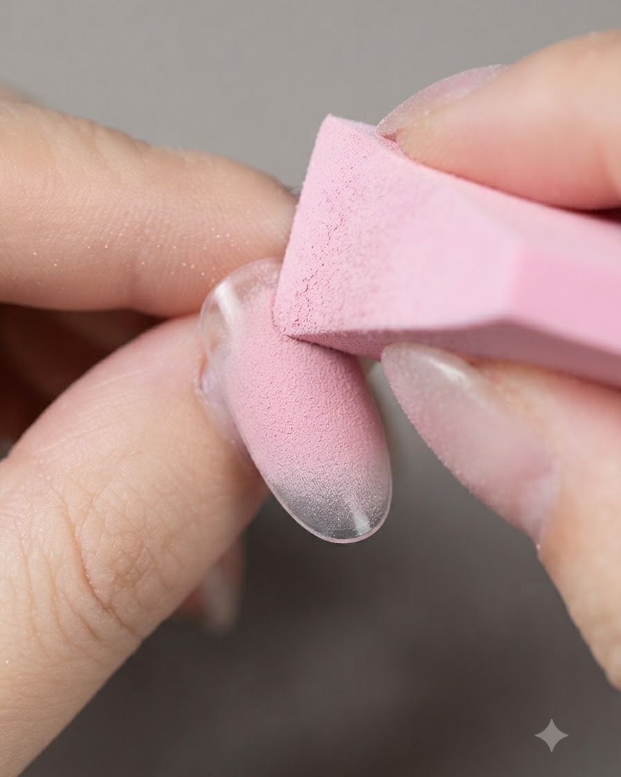 Ein Pinsel trägt sanftes, rosafarbenes Blush-Gel auf die Mitte eines Übungsnagels auf.