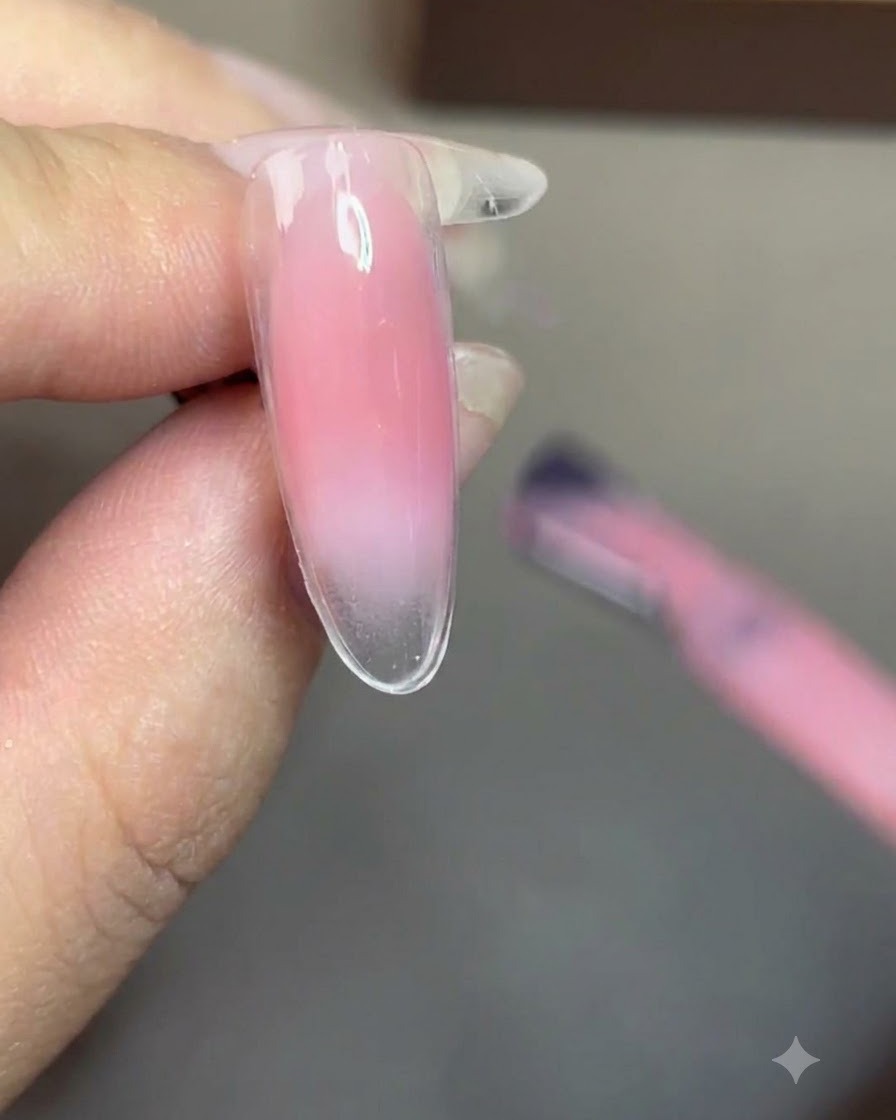 Ein Pinsel verteilt einen transparenten Nude-Gellack gleichmäßig über den gesamten Nagel.