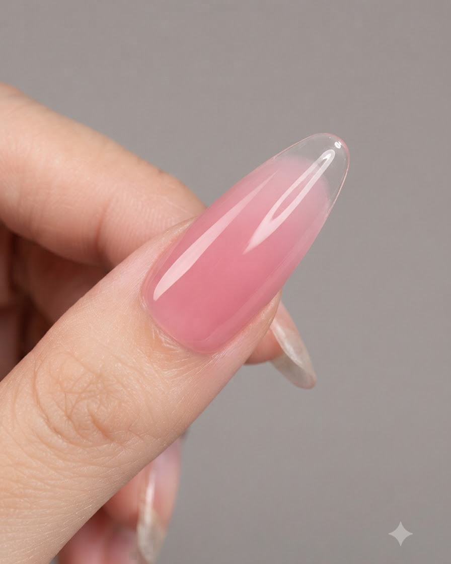 Nägel, die nach dem Auftragen des Nude-Gels unter einer UV/LED-Lampe aushärten.