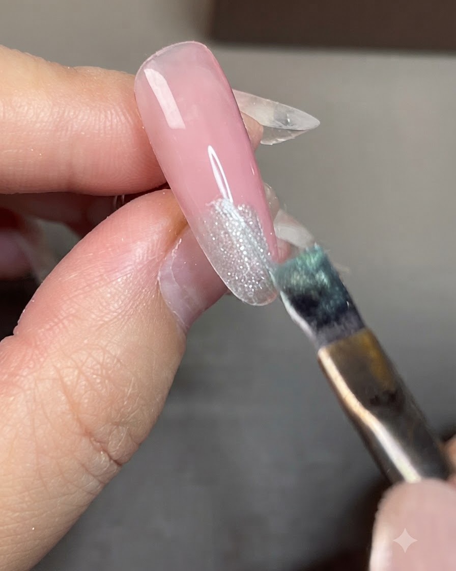 Ein Pinsel trägt blaues Cat-Eye-Gel auf die Nagelspitze auf.