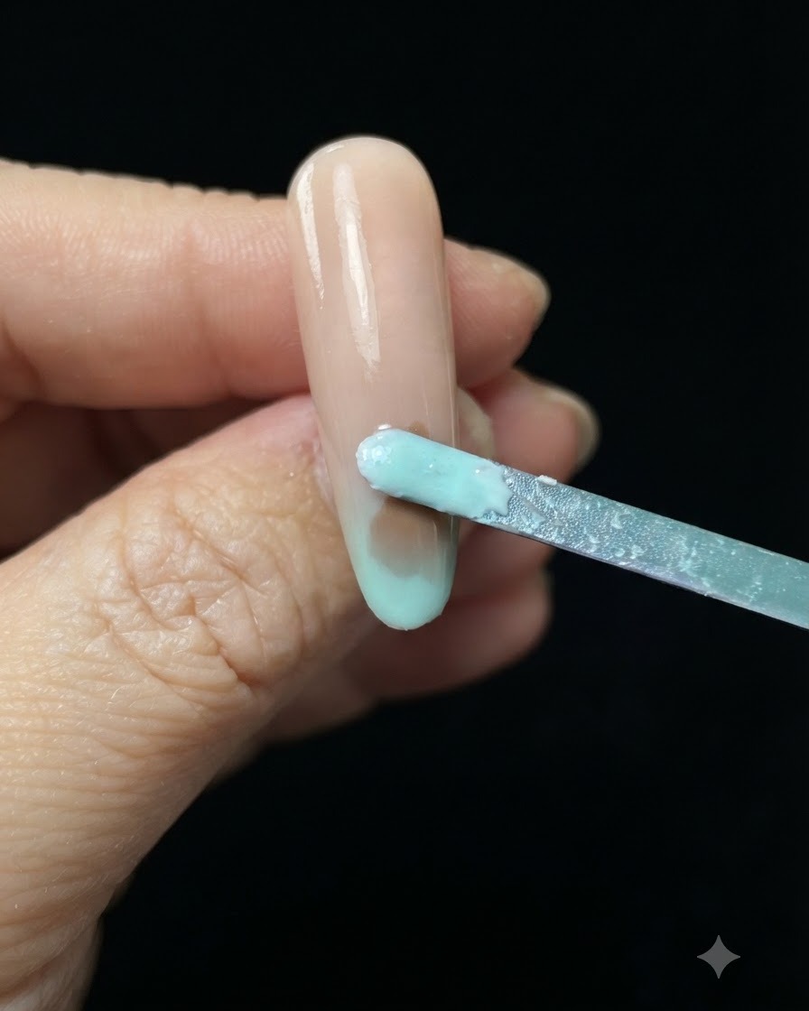 Ein Make-up-Schwämmchen tupft hellblauen und grünen Gellack auf die Spitze eines nudefarbenen Nagels.