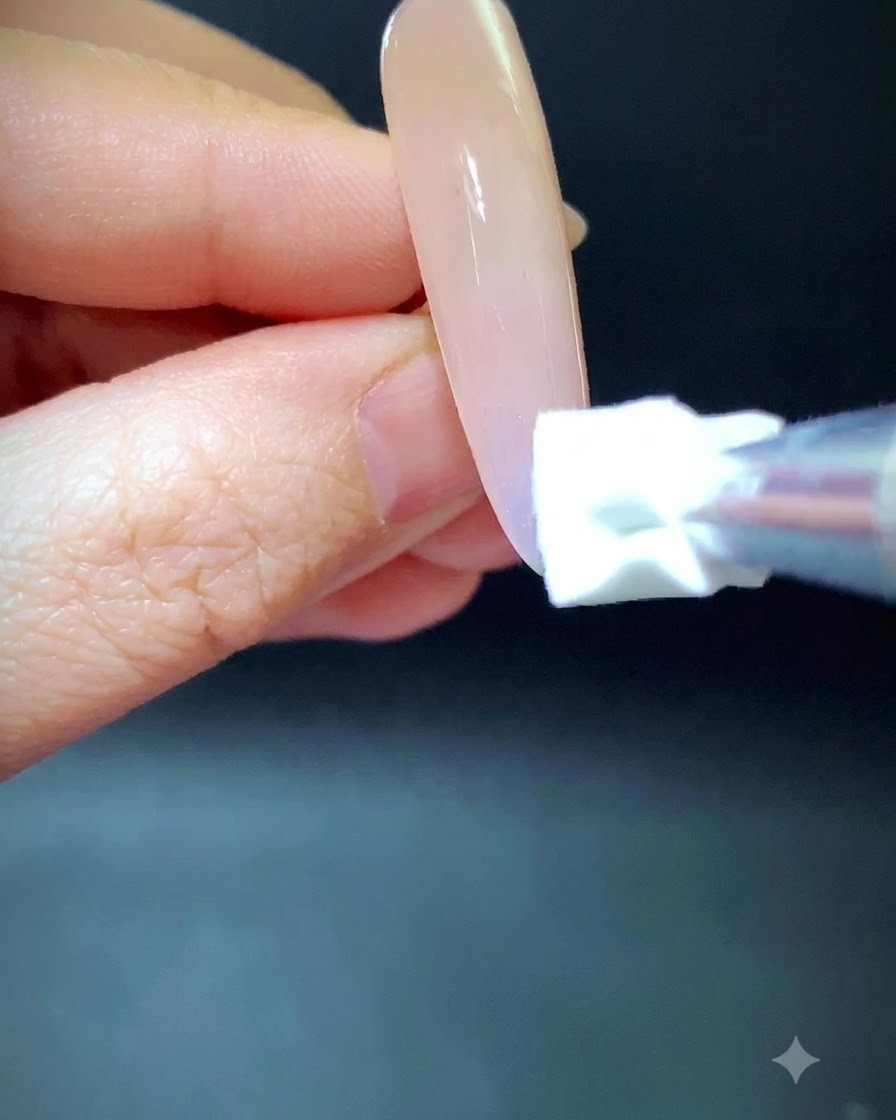 Ein Schwämmchen tupft blaue und grüne Pigmente nach oben auf eine Nude-Nagelverlängerung.