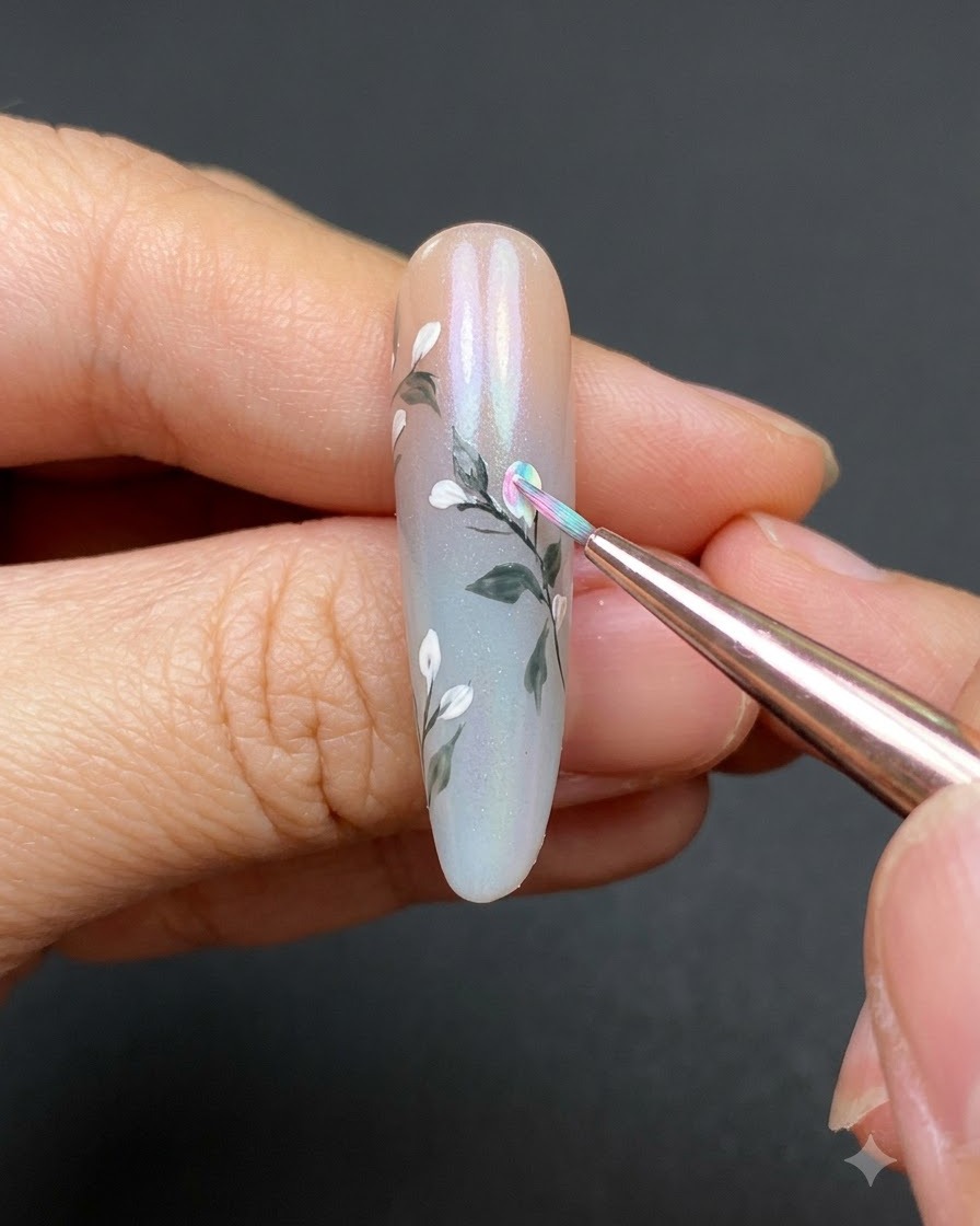 Ein feiner Pinsel füllt die Mitte einer weißen Blütenknospe mit rosa Gel auf einem Ombré-Nagel.