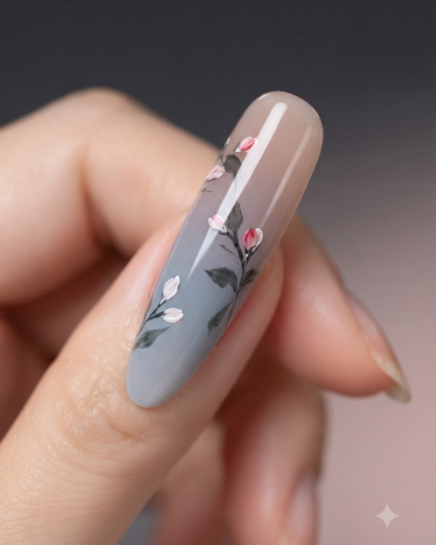 Eine Nahaufnahme eines Nailart-Designs mit dünnen, dunklen Umrandungen um die gemalten Blütenknospen.