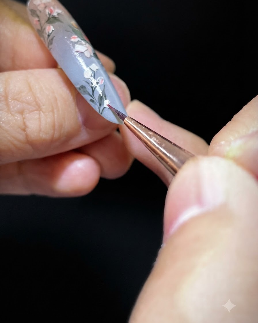 Ein Pinsel überzieht die gesamte Nageloberfläche mit klarem Aufbaugel, um die Nailart zu versiegeln.