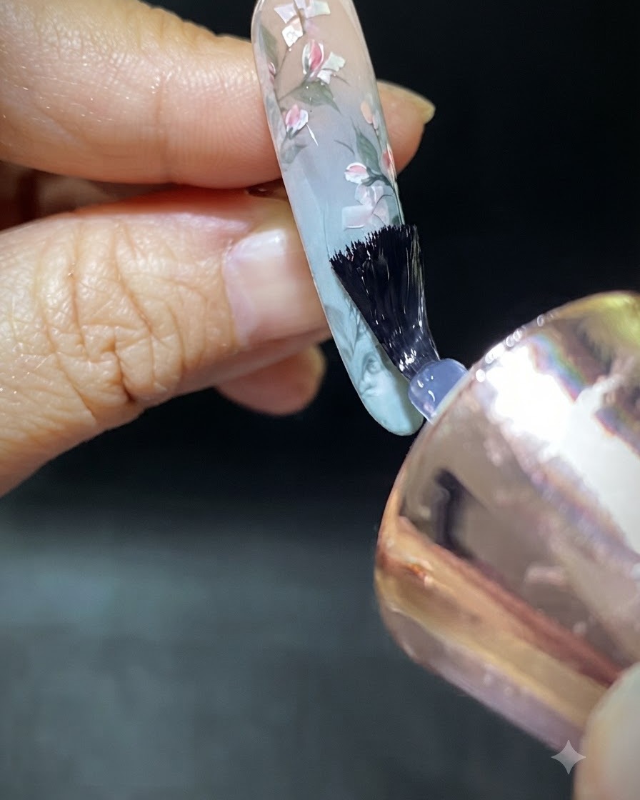 Ein Nagel-Buffer glättet die Oberfläche eines fertigen Muschel-Nageldesigns.