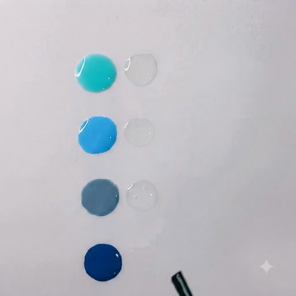Tropfen von leuchtend wasserblauem Gel und klarem, transparentem Gel, die ordentlich auf einer sauberen weißen Mischpalette platziert sind.