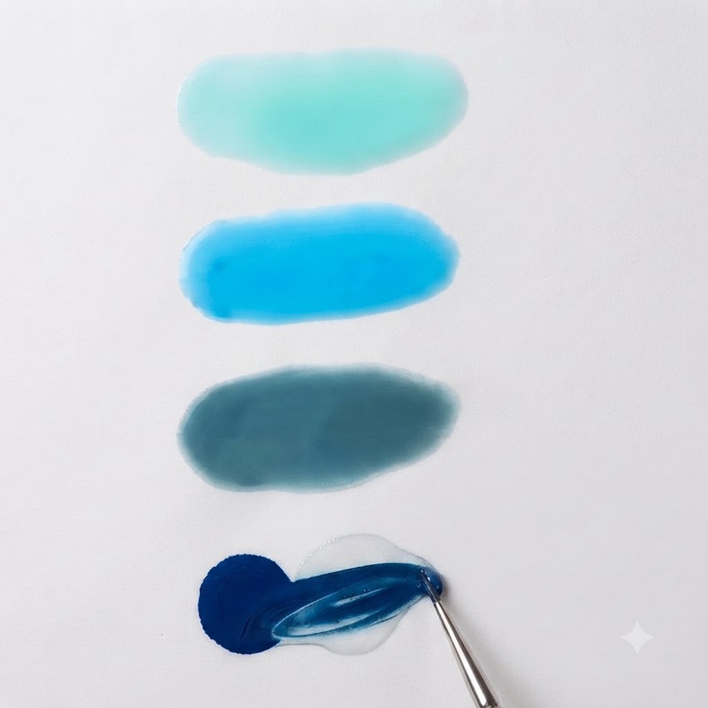Ein Nagelpinsel mischt dunkles Morandi-blaues Gel mit transparentem Gel auf einer weißen Mischpalette.