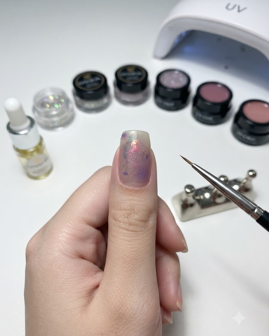 Eine Hand hält einen feinen Liner-Pinsel neben einer Arbeitsfläche mit Nagelprodukten und zeigt einen Daumen mit verblendeter violetter Nail-Art.