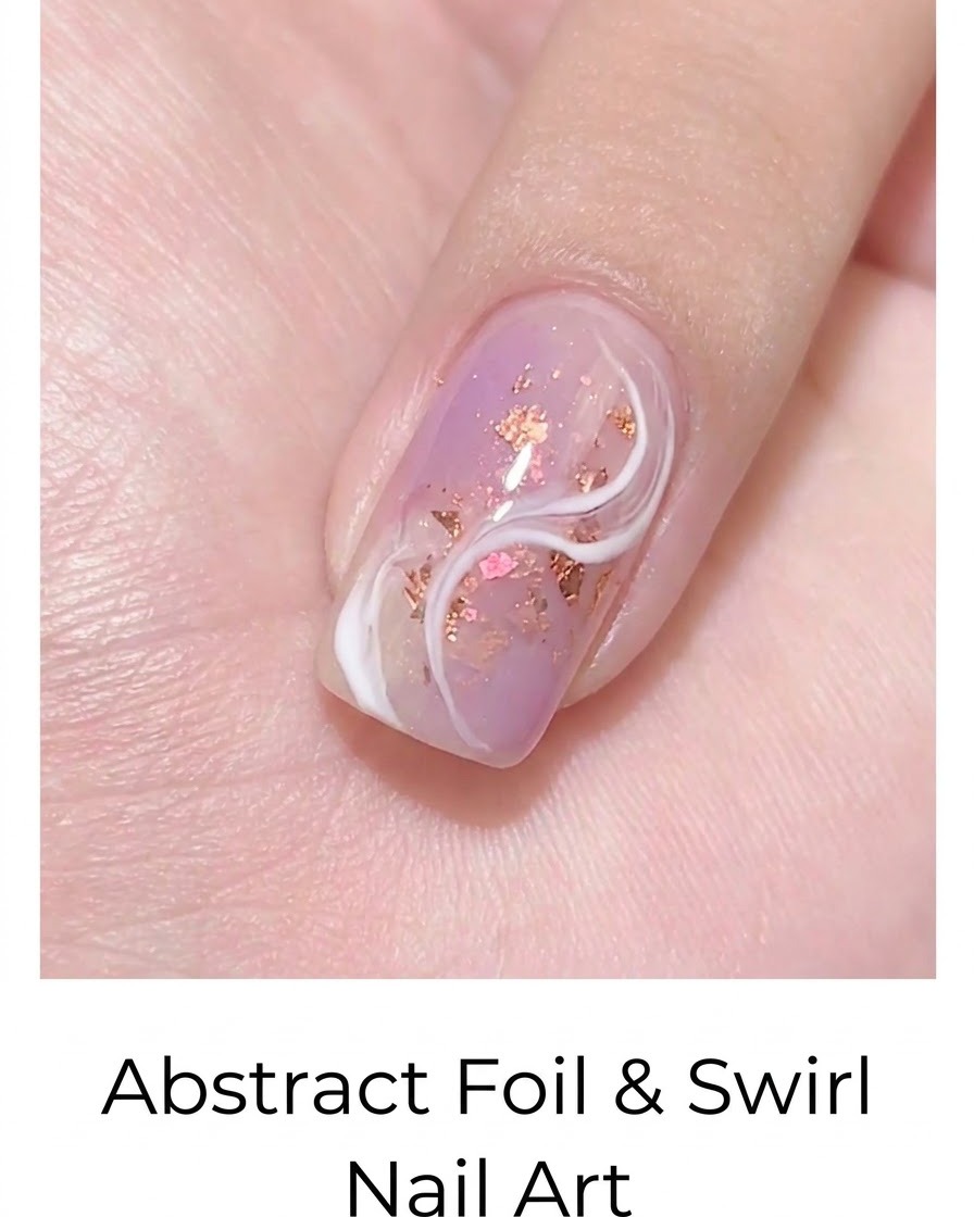 Eine Nahaufnahme eines fertigen abstrakten Nail-Art-Designs mit einer rauchigen weißen Ader über einem violetten Hintergrund mit Folienflakes.