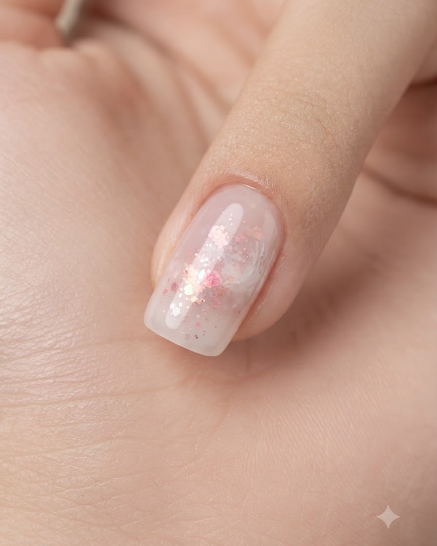 Ein flacher Pinsel gleitet mit einer Klarlackschicht über einen dekorierten Nagel mit rosa Glitter und weißen Akzenten.