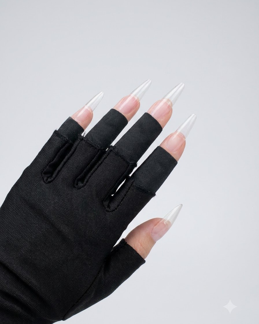 Eine Nahaufnahme von Händen in schwarzen Handschuhen mit langen, vorbereiteten clear Nail-Extension.