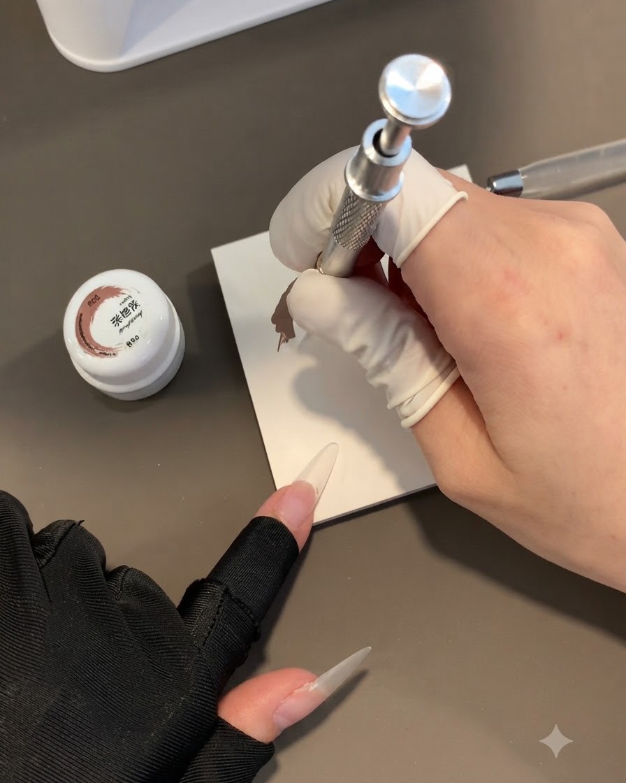 Eine behandschuhte Hand verwendet ein spezielles Schwamm-Tupf-Tool, um graues Gel auf einen langen clear Nagel aufzutragen.