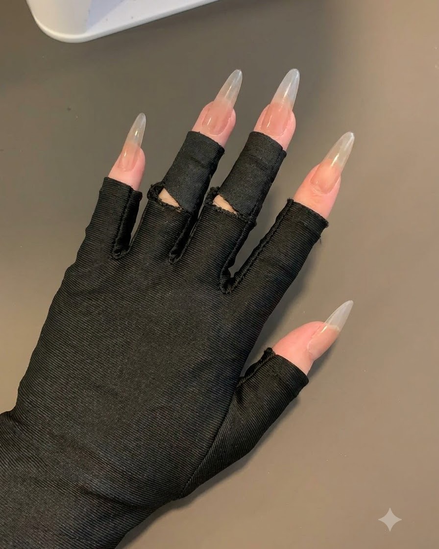 Eine Hand in schwarzen fingerlosen Handschuhen zeigt lange Nägel mit einem weich getupften Grau-Basis-Gradienten.
