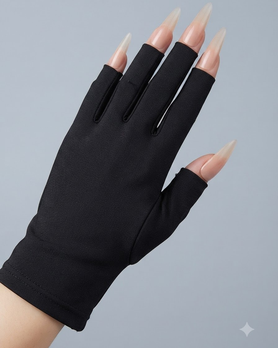 Eine Hand in schwarzen Handschuhen ruht in einer Nagellampe, während die Nägel unter Licht aushärten.
