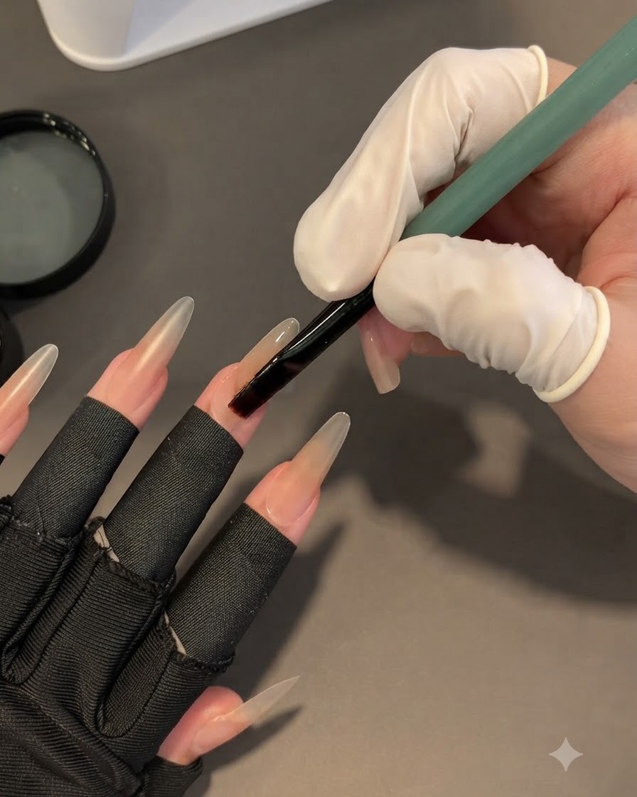 Ein Pinsel glättet eine klare Schicht dickes Base-Gel über einen länglichen Nagel in Nude-Tönen.