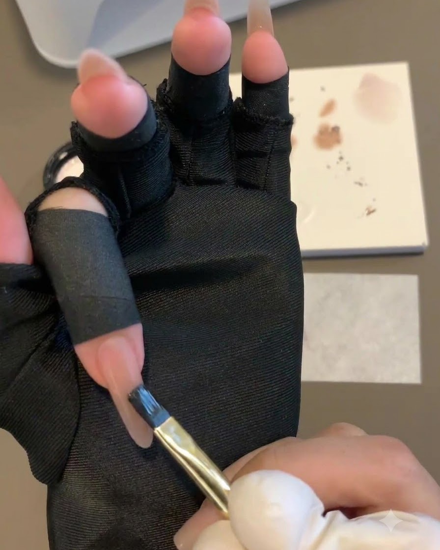 Ein flacher Pinsel tupft und zieht lila Gel sanft nach oben auf einem Nagel, um einen Gradienten zu formen.