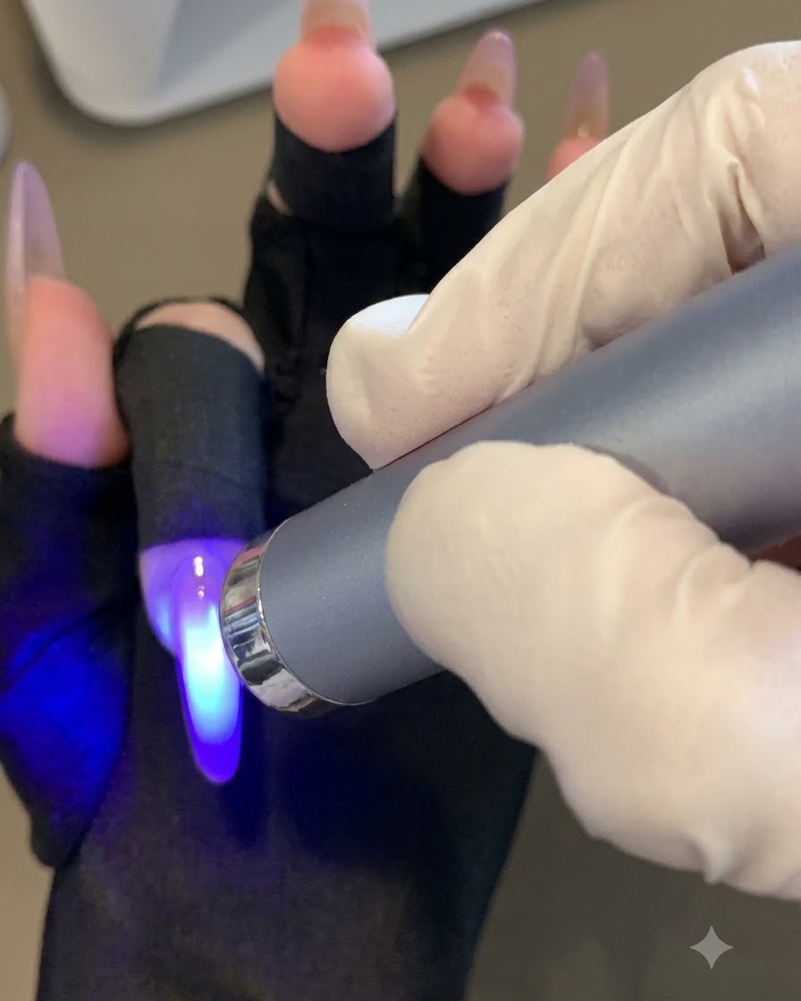 Eine tragbare UV-Lampe härtet die lila Gradientenschicht auf einem Finger aus.