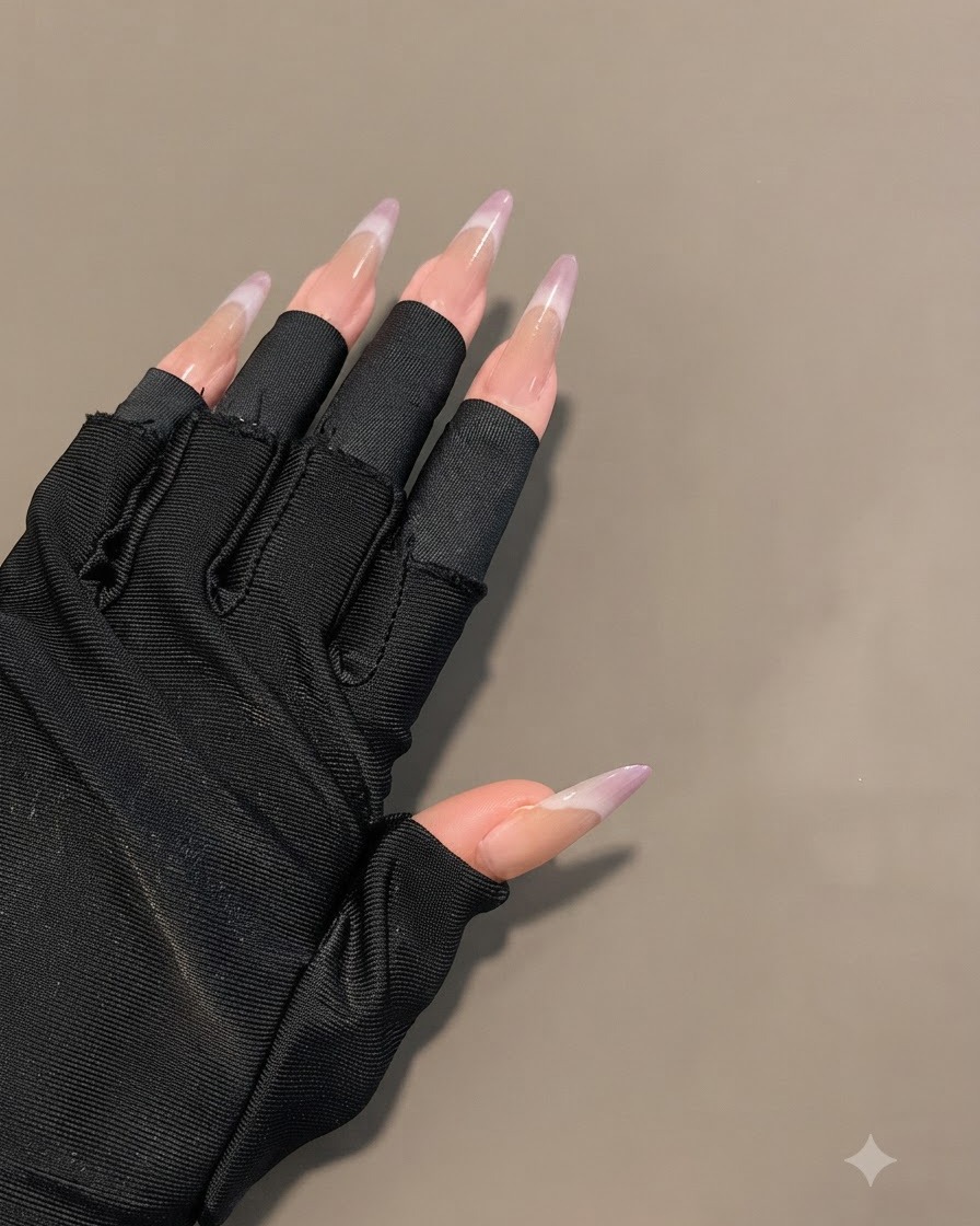Eine Hand in schwarzen fingerlosen Handschuhen zeigt lange ovale Nägel mit einem vollendeten transparenten violetten Farbverlauf.