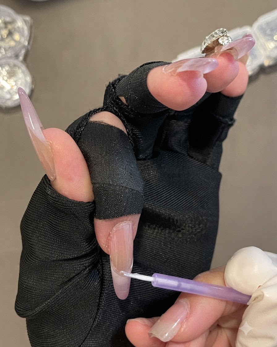 Eine Hand in schwarzen fingerlosen Handschuhen hält einen Pinsel, um Klarem Gel um den Nagelhautbereich eines Nagels aufzutragen.