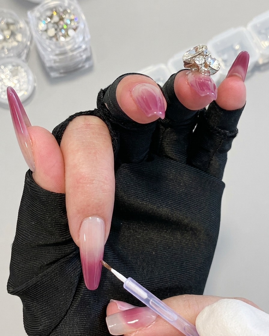 Eine Hand in schwarzen Handschuhen hält einen Feindetailpinsel, um lila Gel in einer präzisen Linie auf einem Nagel aufzutragen.