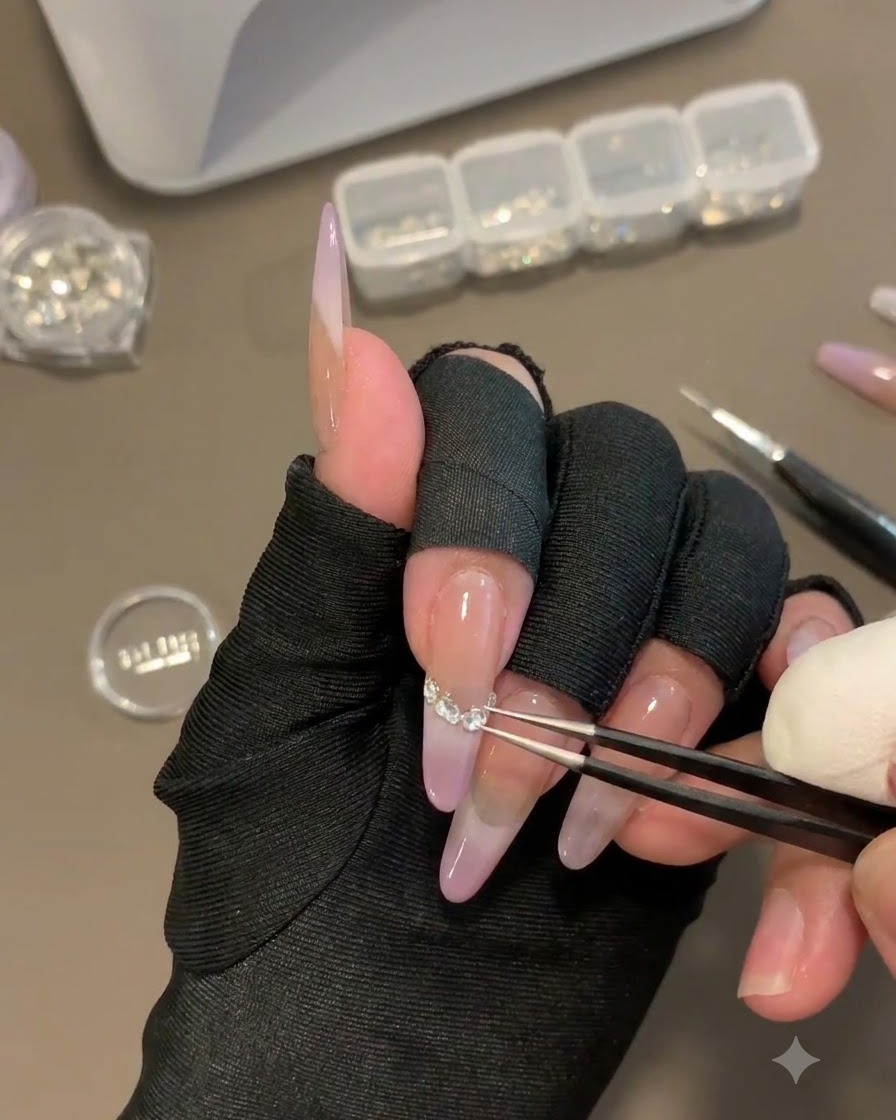 Eine Hand hält eine Pinzette und platziert winzige klare Strasssteine in einer gebogenen Reihe entlang eines Nagels.