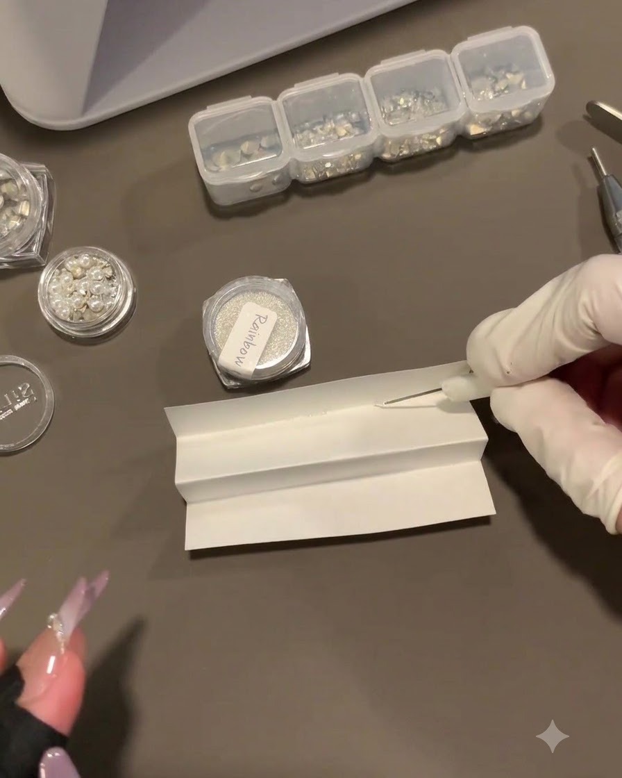 Eine behandschuhte Hand hält eine Nadel mit einem Magneten über gefaltetes Papier, das winzige Stahlperlen enthält.