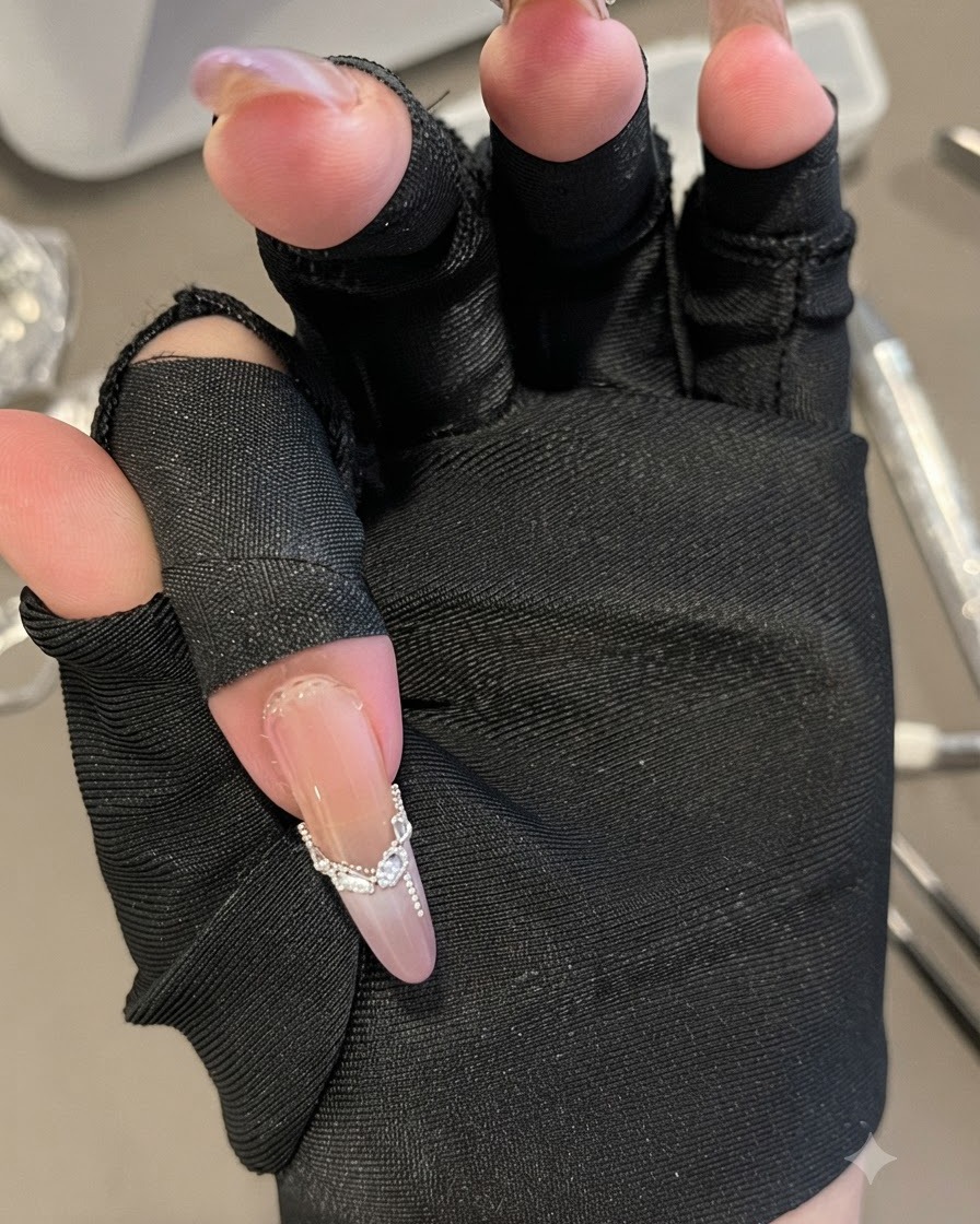 Eine Nahaufnahme einer manikürten Hand in einem schwarzen fingerlosen Handschuh zeigt die detaillierte Platzierung von Strasssteinen und Stahlperlen auf einem langen ovalen Nagel.
