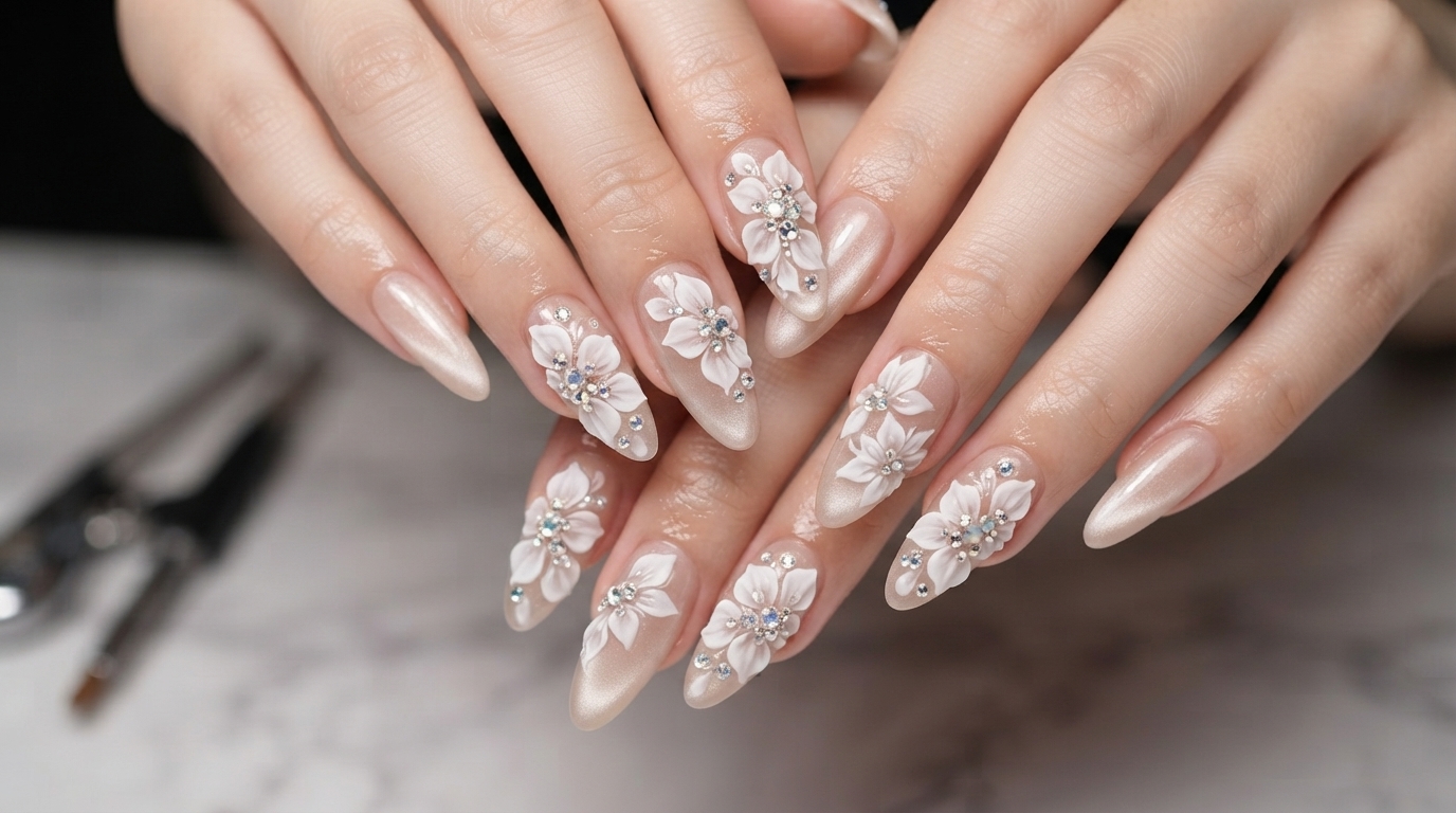 Nahaufnahme langer mandelförmiger Nägel mit Nude-Perlmutt-Cat-Eye-Verlauf, weißer 3D-Blumenkunst und feinen Kristallverzierungen.