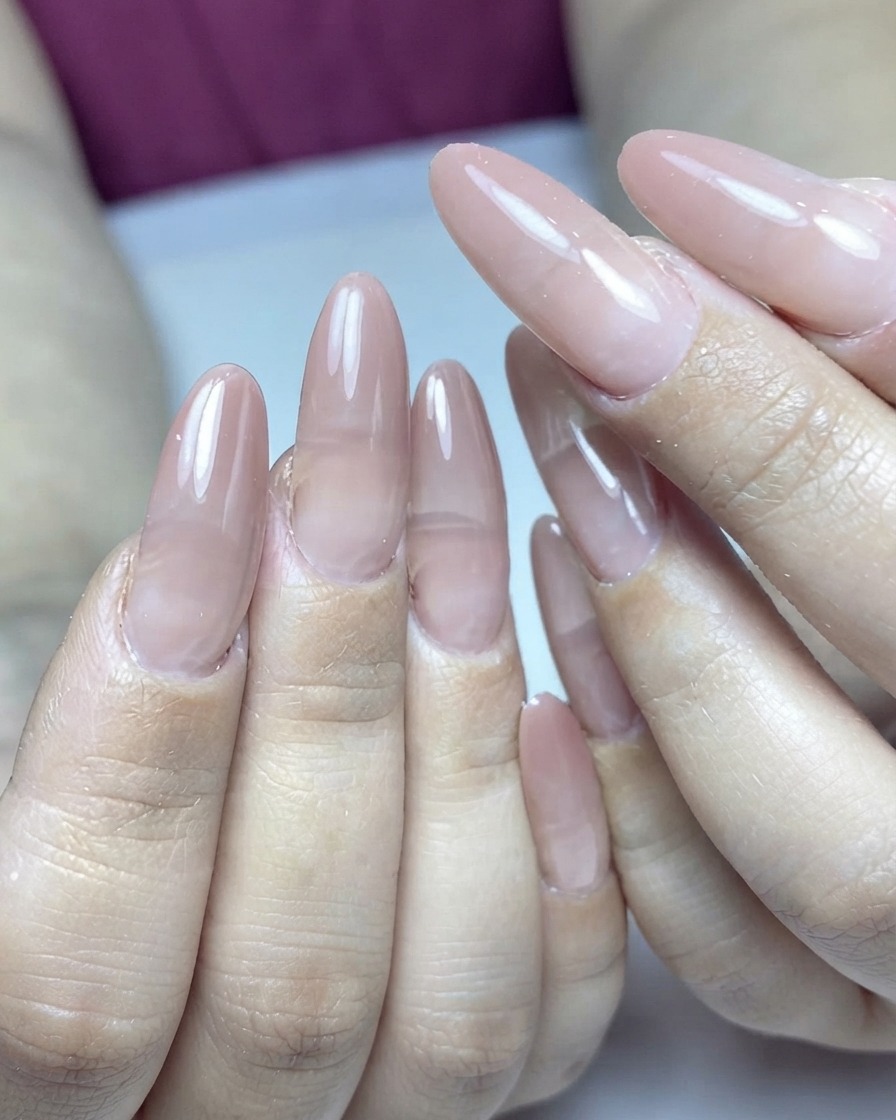 Ein Nagelpinsel trägt eine dünne Schicht rosa Farbgel auf Mandel-Nägel auf.
