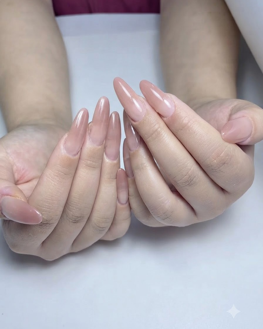 Eine Hand zeigt Mandel-Nägel mit vertieftem, weichem Rosa-Farbverlauf nach der zweiten Farbschicht.